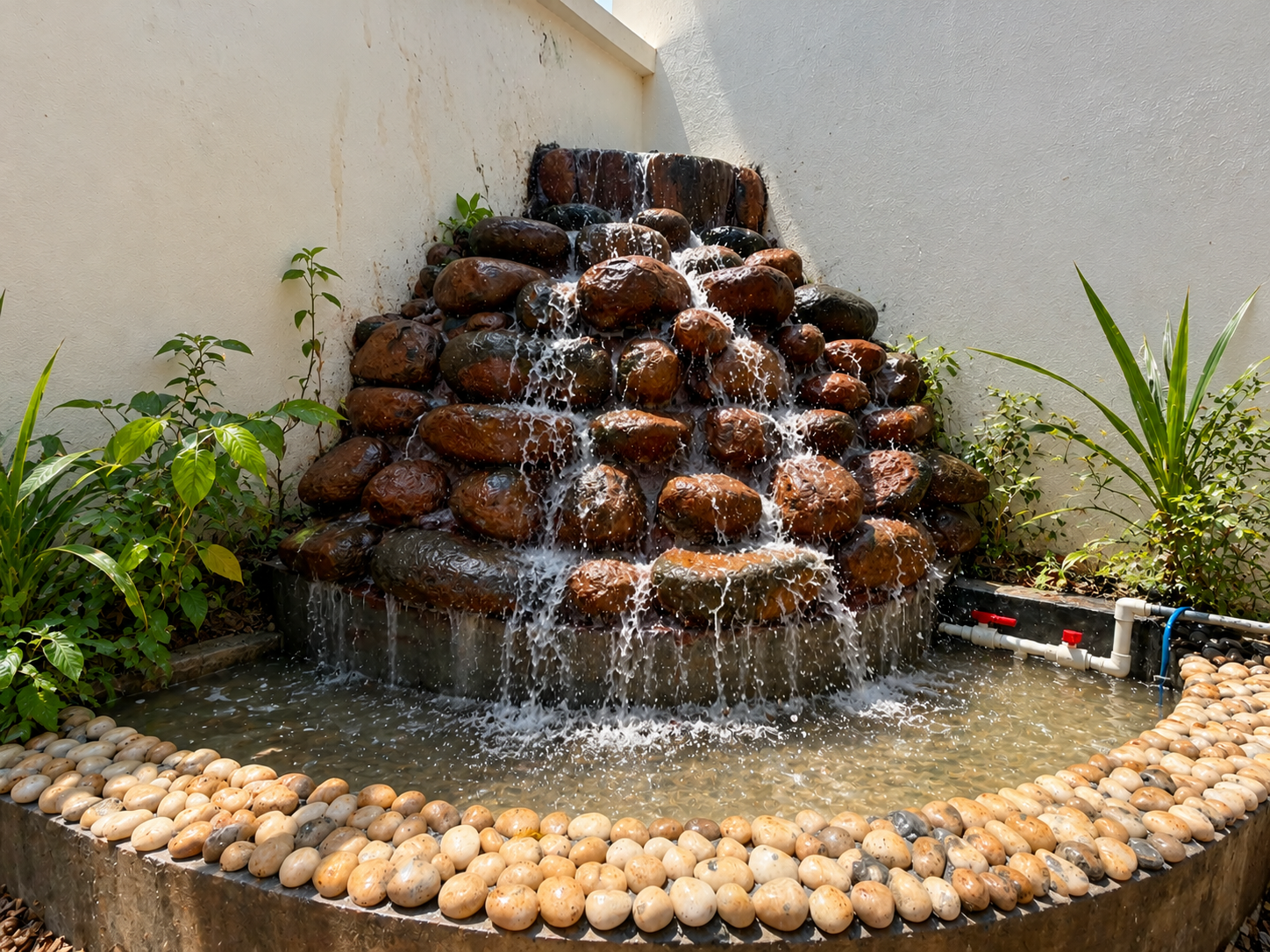 Water cascades over rounded rocks into a pebble-bordered pond surrounded by plants in Amritavana.