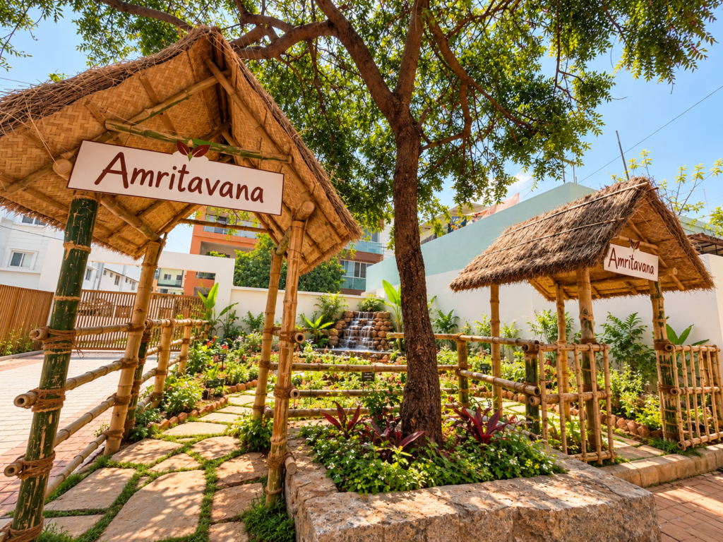 Bamboo gateways with Amritavana signs frame garden paths, plant beds and a rock waterfall at IYRA International School.